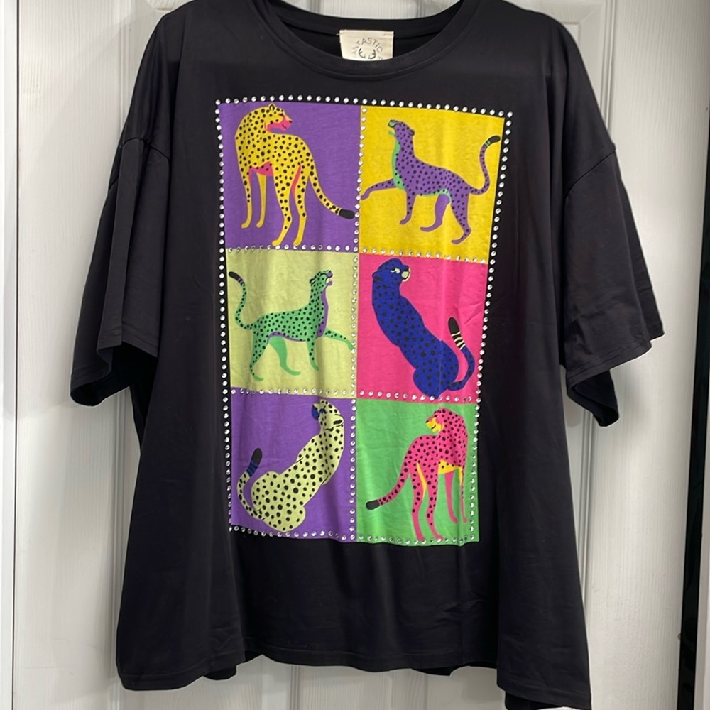 Fantastic Fawn Black Top with Colorful Cheetah Print